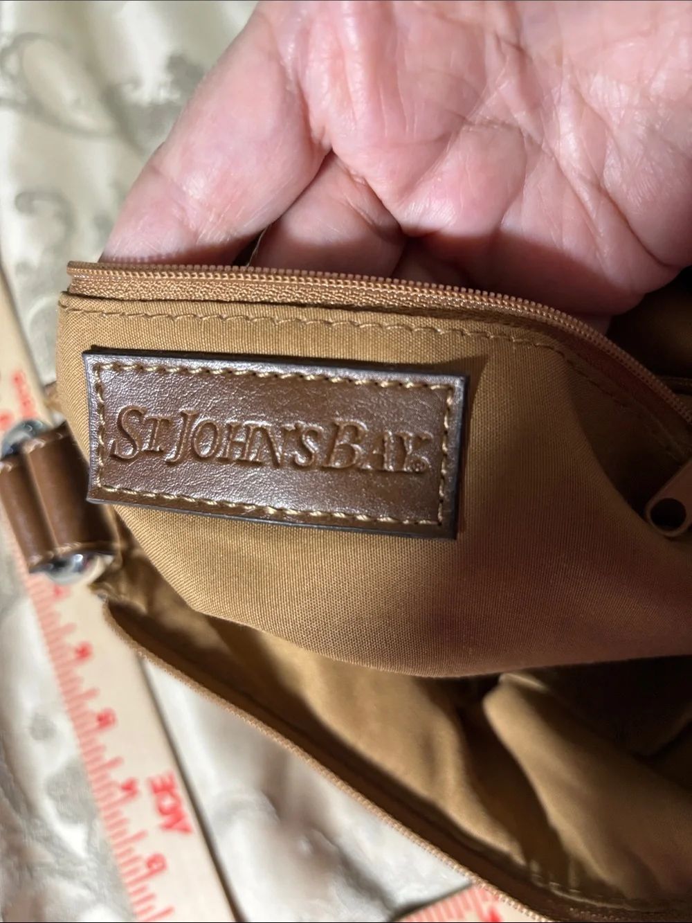 St. John's Bay Brown Canvas and Dark Brown Faux Leather Messenger Bag